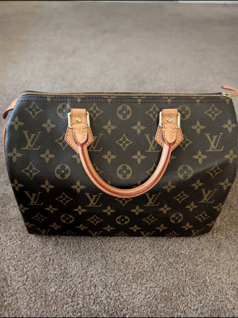 Louis Vuitton Monogram Canvas Speedy Handbag in Brown with Natural Leather Trim